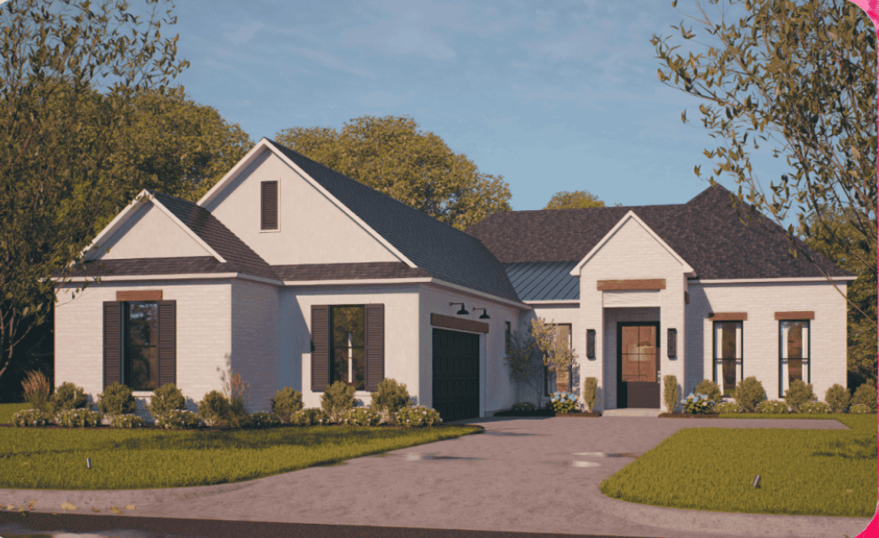 A single-story modern house with white brick exterior, dark roof, black garage door, and landscaped front yard under a blue sky.