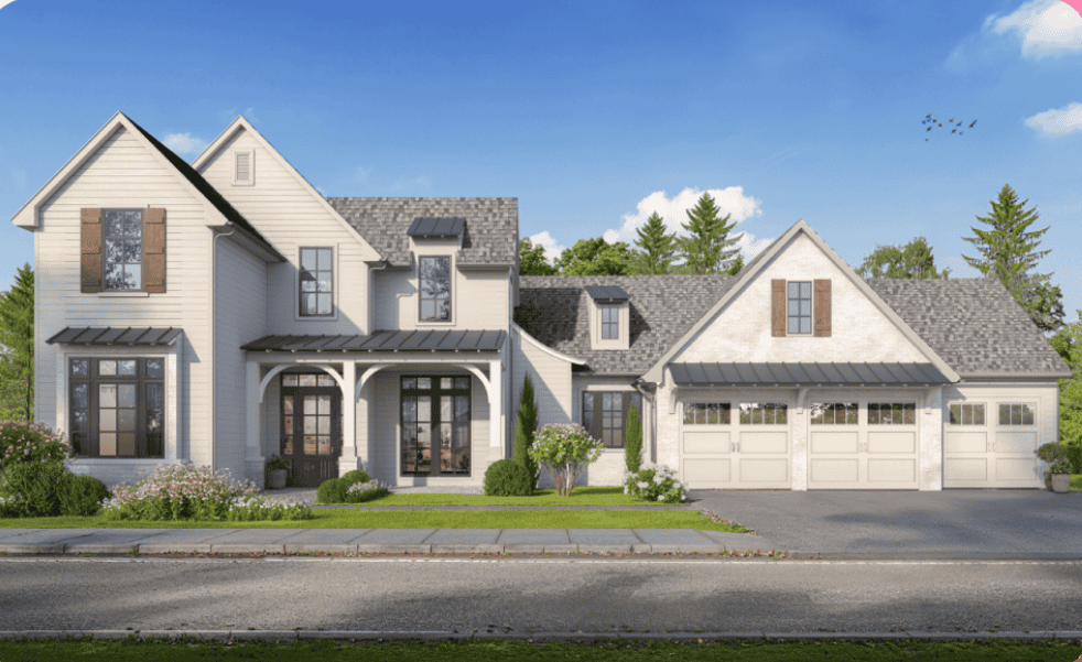 A two-story modern farmhouse with gray siding, a front porch, three-car garage, and landscaped yard under a blue sky.