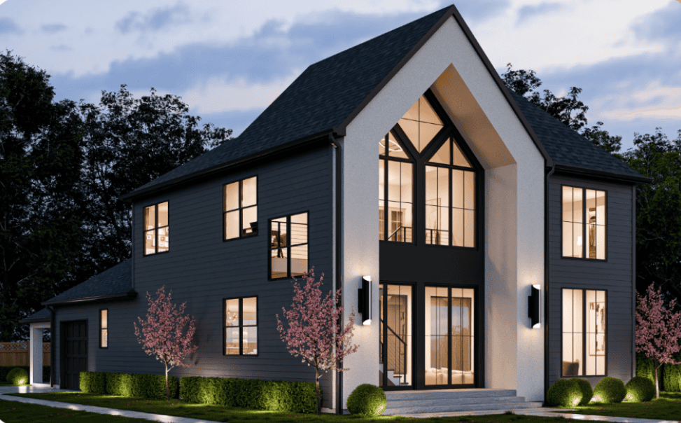 Modern two-story house with dark siding, large windows, white trim, and landscaped yard with small flowering trees at dusk.