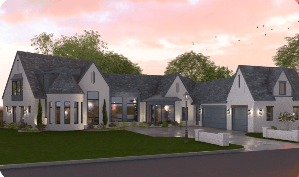 Single-story house with brown vertical siding, stone accents, gabled roof, large windows, and landscaped front yard with shrubs and grass.