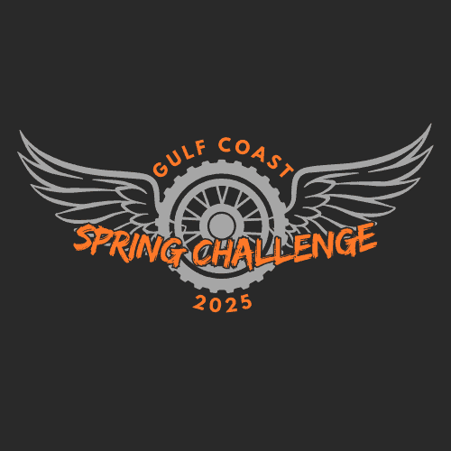 Logo for the Gulf Coast Spring Challenge 2025 featuring a winged wheel with orange text on a black background.