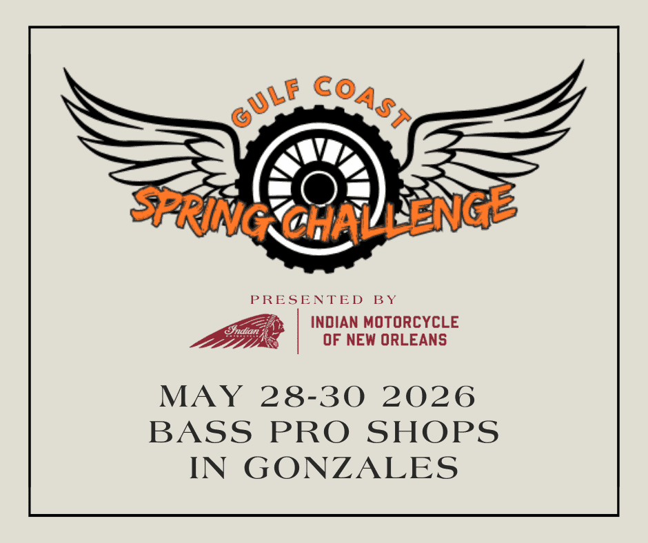 Logo for the 2026 Gulf Coast Spring Challenge, May 28-30 at Bass Pro Shops Gonzales, presented by Indian Motorcycle of New Orleans.
