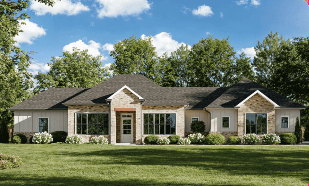 Single-story house with brick and siding exterior, large windows, dark roof, and landscaped front yard with bushes and lawn.