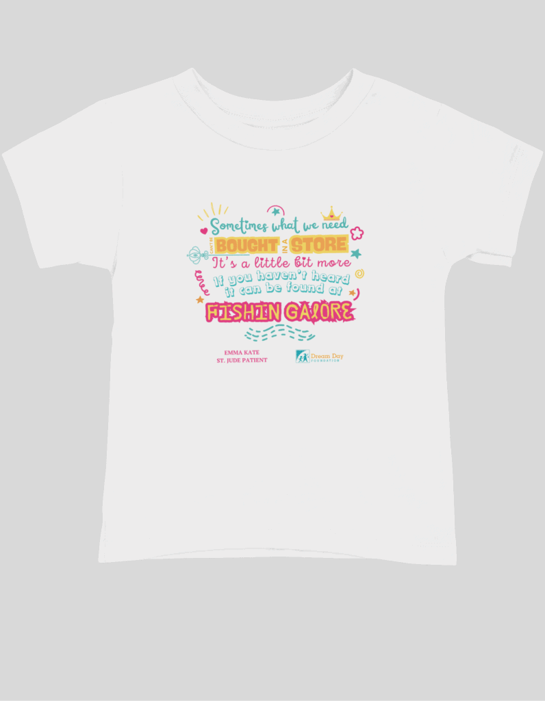 White children's t-shirt with colorful graphics from Emma Kate Shirts, spreading a fun message about finding more at a fishing garage.