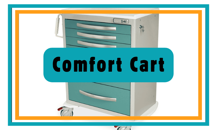 A teal and white hospital cart with four drawers, labeled "Comfort Cart," supports the St. Jude Family Support Pledge Calendar initiative.