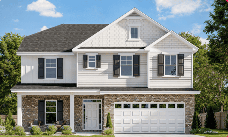 Two-story suburban house with white siding, black shutters, brick lower facade, front porch, and attached two-car garage.